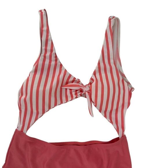 One Piece Swimsuit Cut Out Pink White Stripe V Neck Size M Preppy Swim Beach - Picture 2 of 8